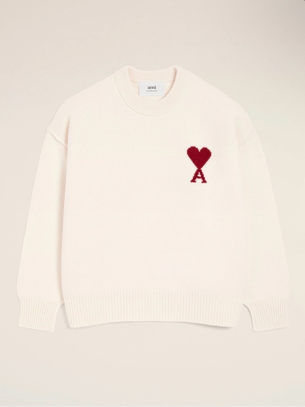 AMI Paris Ami de Coeur Designer Ivory Merino Wool Sweater Red Heart Logo